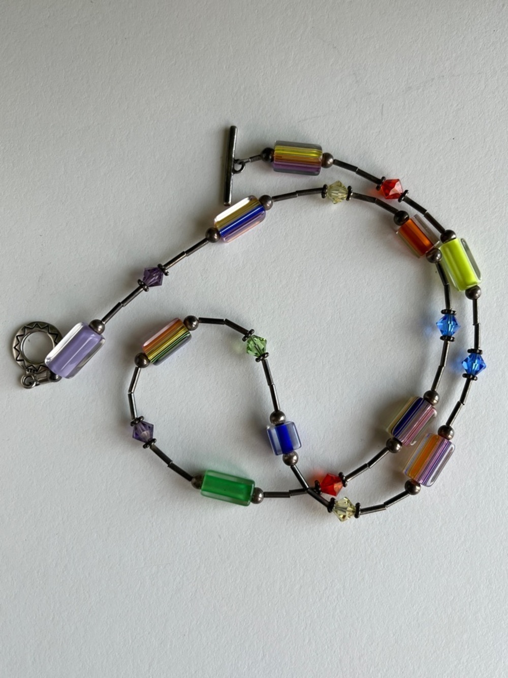 Vintage Shube Sterling Silver Multicolor Glass Bead Necklace 90s Art Jewelry - Picture 2 of 10